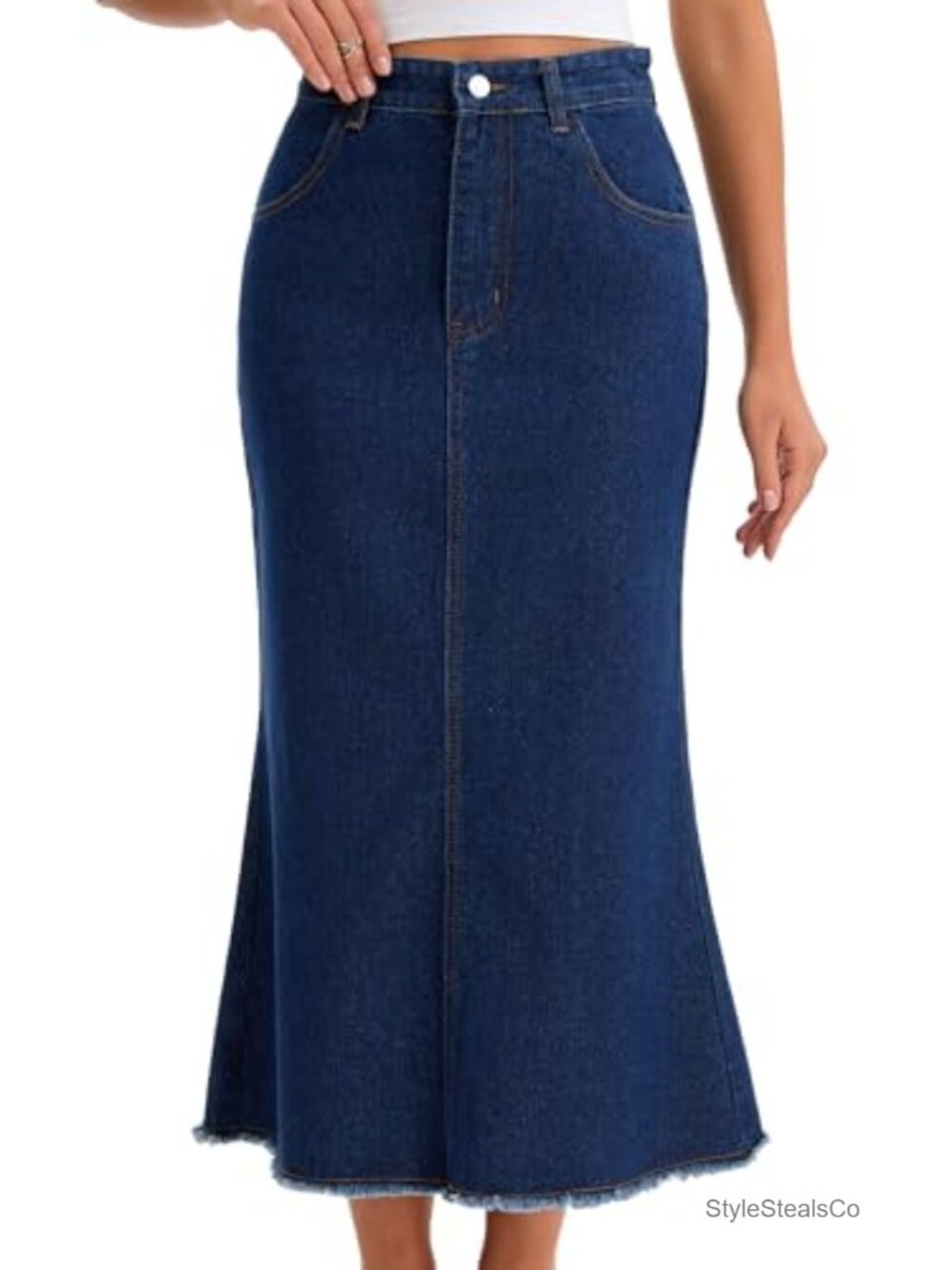 High Waisted Denim Maxi Skirt Fishtail Raw Edge ALine Casual Long Jean Skirt